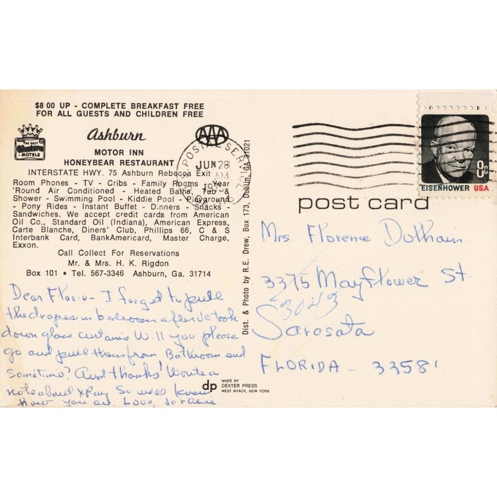 Vintage Ashburn Motor Inn Honeybear Restaurant Georgia Postcard 1972 Postmarked - Picture 2 of 2